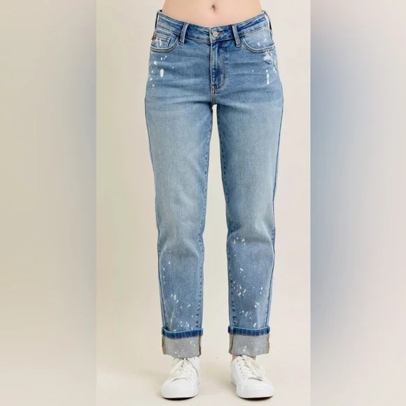Judy Blue Med Wash Bleach-Splatter Boyfriend Jeans NWT 18W - Picture 1 of 6